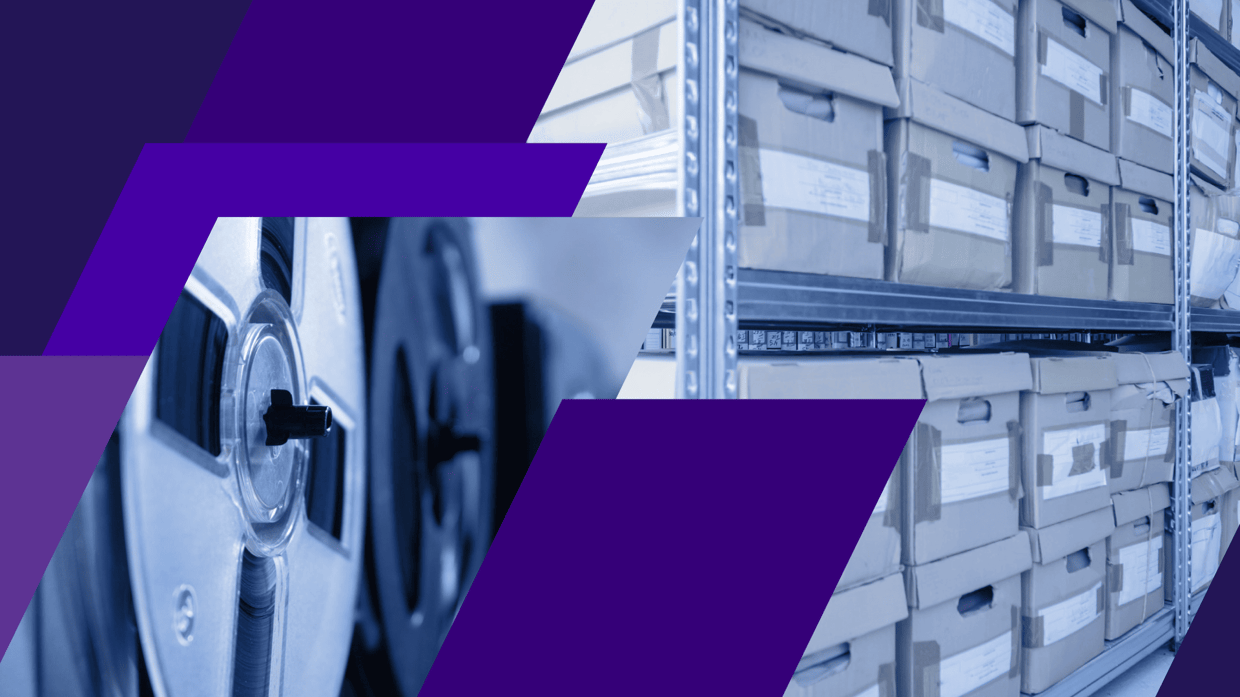 A composite image made up of differently colored shard-like pieces, one containing a photograph of a cold storage facility, and another of some magnetic tape reels.