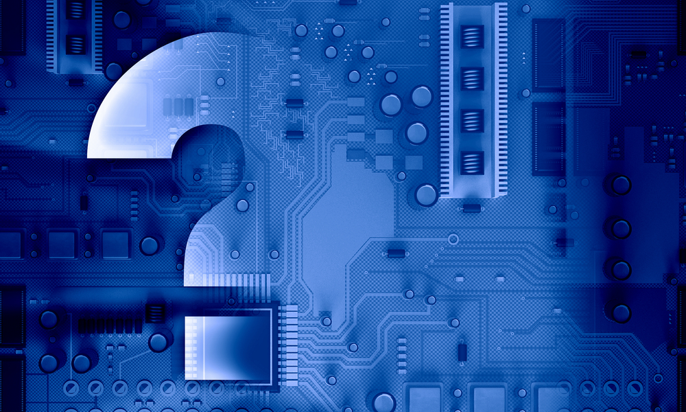 A closeup of computer circuits beside a giant blue question mark to symbolize the problem with encryption agents.