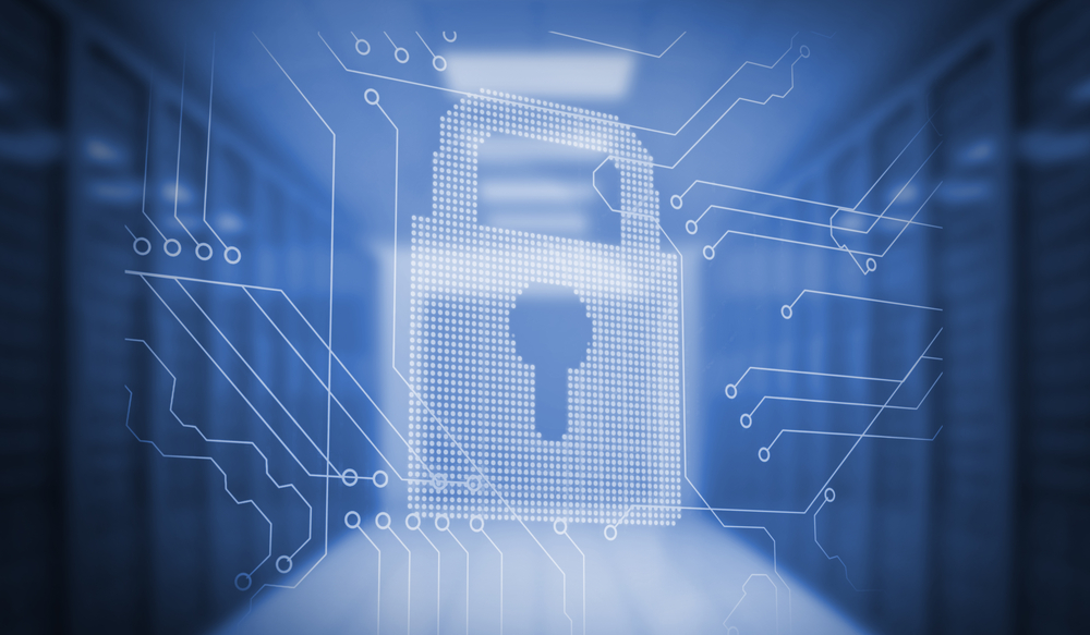  A lock and network diagram superimposed over blue computer servers to suggest privacy by design principles for the cloud.