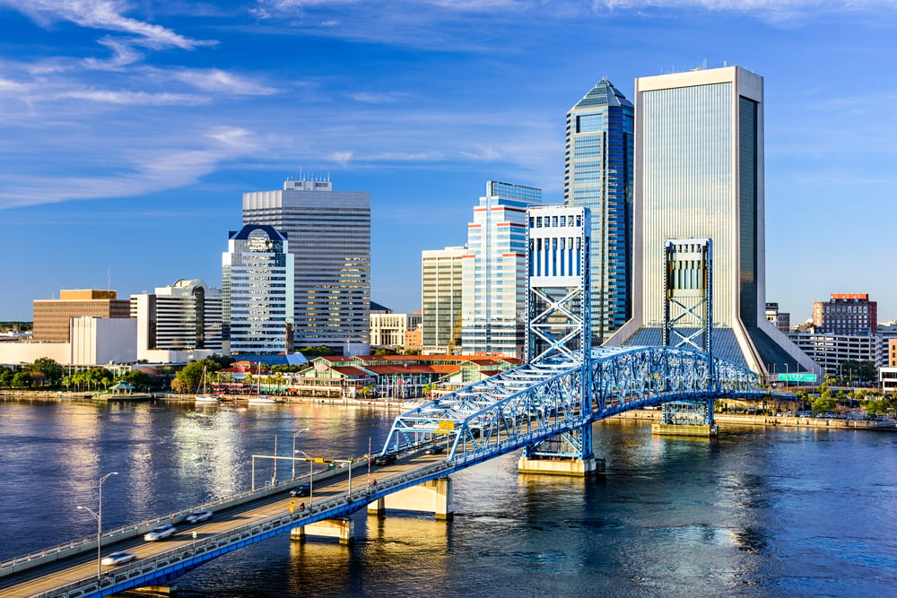 The downtown city skyline of Jacksonville, Florida, as seen from a river, to illustrate our blog post on understanding the new Florida Digital Bill of Rights