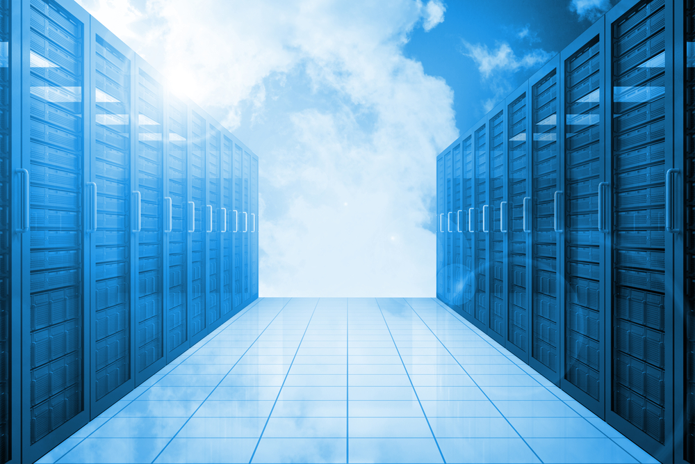 Server hallway in a cloudy blue sky to suggest cloud technology for our blog post on the latest trends in multi-cloud data security and resilience