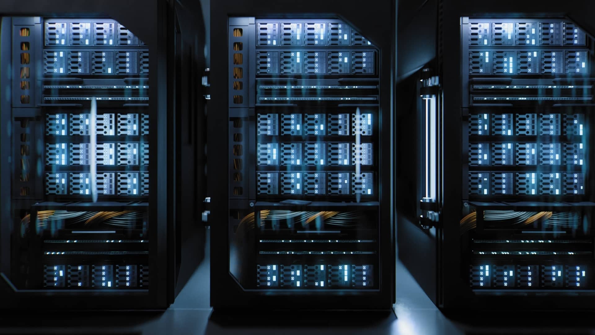 A large hallway with supercomputers inside a server room data center. Technology used for cloud computing and network security.
