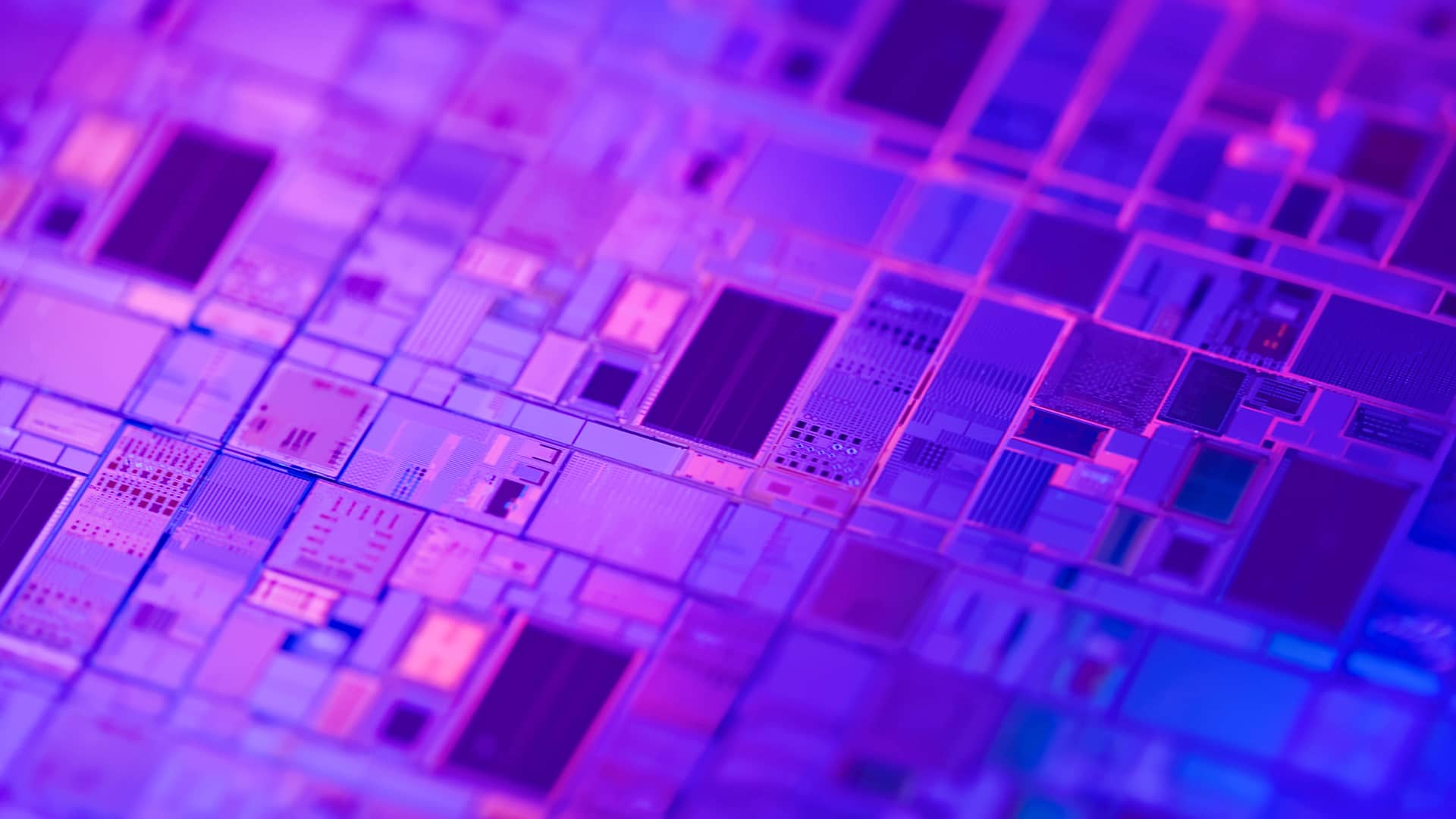 Macro of silicon wafer semiconductor with neon color - integrated circuits to manufacture CPU and GPU.