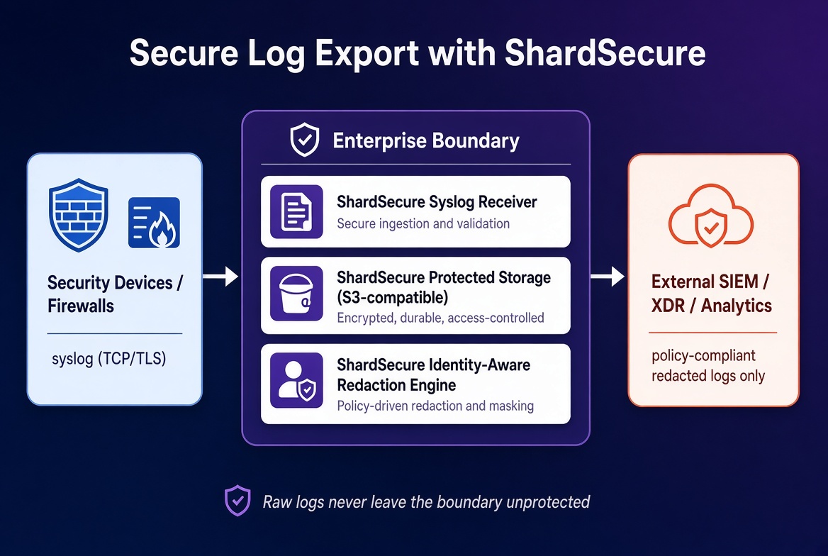Secure Log Export with ShardSecure – Architecture showing Security Devices sending syslog into the Enterprise Boundary (Syslog Receiver, Protected Storage, Identity-Aware Redaction Engine) and only policy-compliant redacted logs reaching External SIEM / XDR / Analytics